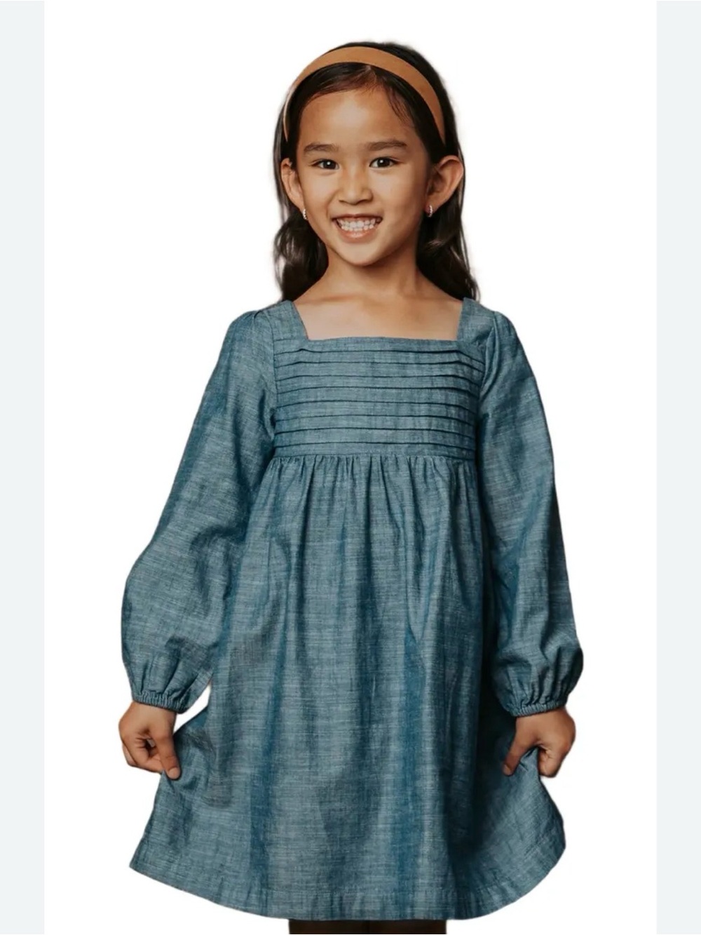 Hope & Henry Girls' Chambray Square-Neck Pintuck Dress